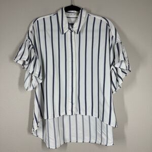 Alice + Olivia Edyth Striped Ruffle Top Button Front Blouse Oversized Medium